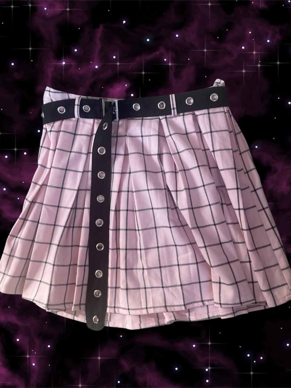 Pastelgoth Hot Topic Pink and Black Grid Skirt with Grommet Belt - Picture 2 of 2